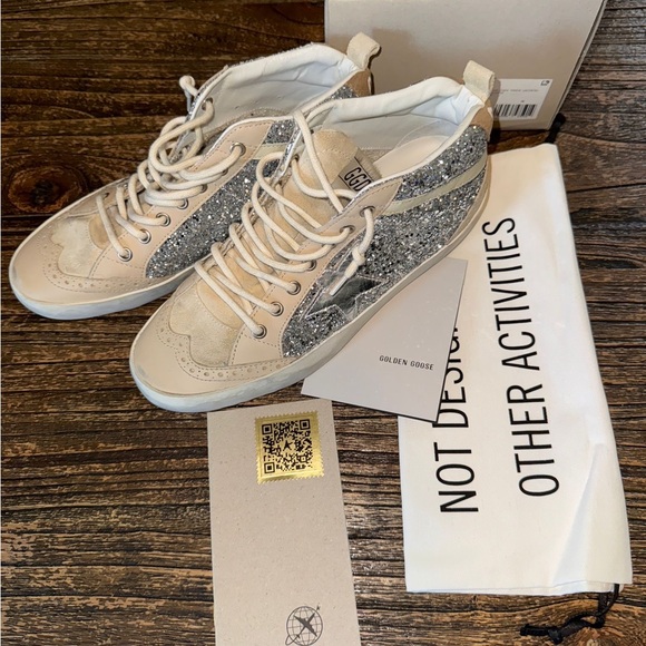 Golden Goose Women's Sneakers Midstar - Glitter Silver and Cream - Picture 1 of 7